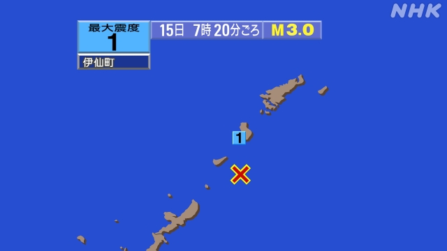 7時20分ごろ、Ｍ３．０　沖縄本島近海 北緯27.2度　東経12