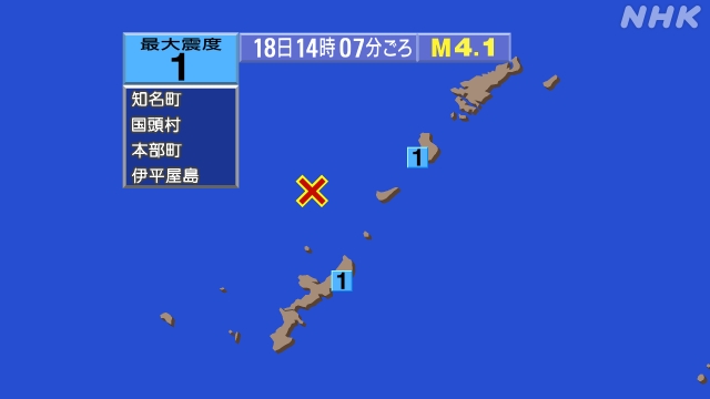 14時7分ごろ、Ｍ４．１　沖縄本島近海 北緯27.4度　東経12
