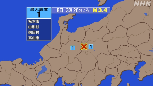3時26分ごろ、Ｍ３．４　長野県中部 北緯36.2度　東経137