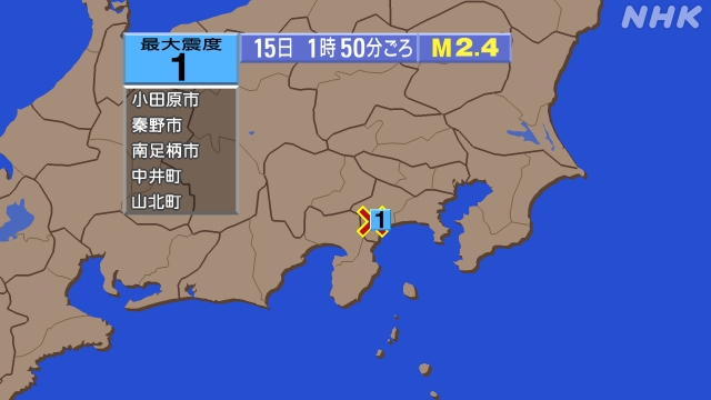 1時50分ごろ、Ｍ２．４　神奈川県西部 北緯35.3度　東経13