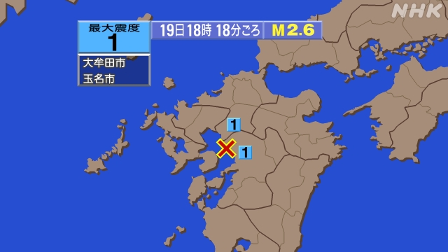 18時18分ごろ、Ｍ２．６　熊本県熊本地方 北緯32.9度　東経