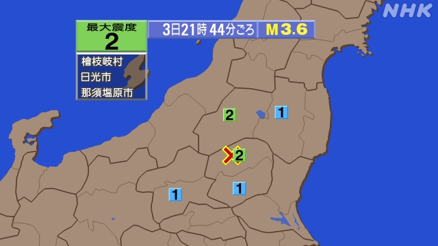 21時44分ごろ、Ｍ３．６　栃木県北部 北緯36.9度　東経13
