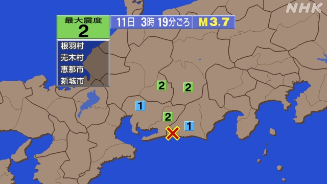 3時19分ごろ、Ｍ３．７　静岡県西部 北緯34.7度　東経137