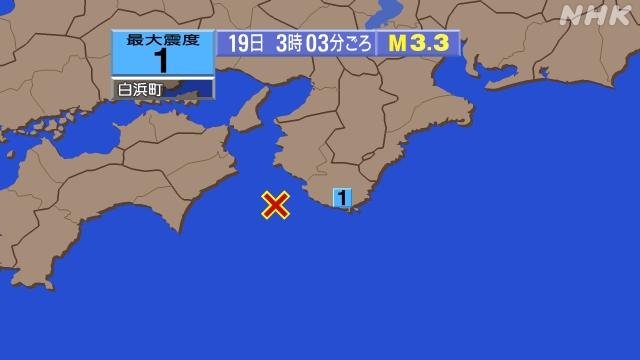 3時3分ごろ、Ｍ３．３　和歌山県南方沖 北緯33.5度　東経13