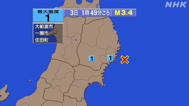 1時49分ごろ、Ｍ３．４　岩手県沖 北緯39.1度　東経142.