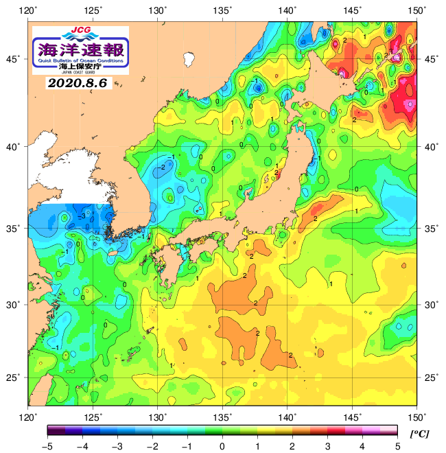 ８月６日の、海水表面温度（平年比）、 https://www1.