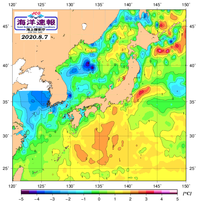 ８月７日の、海水表面温度（平年比）、 https://www1.
