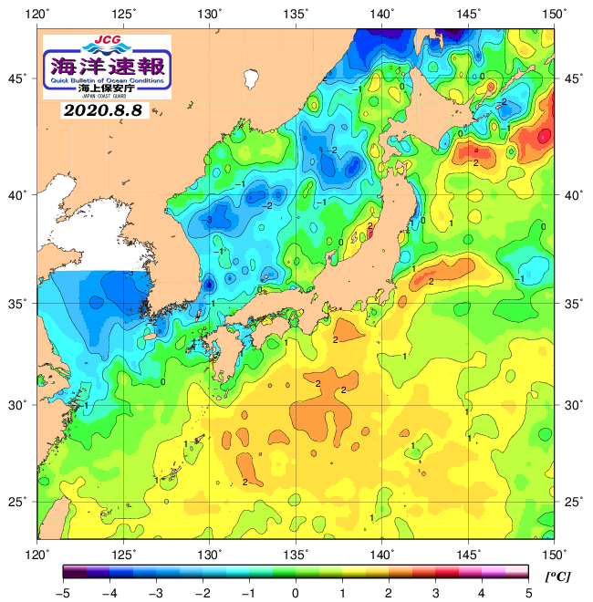 ８月８日の、海水表面温度（平年比）、 https://www1.