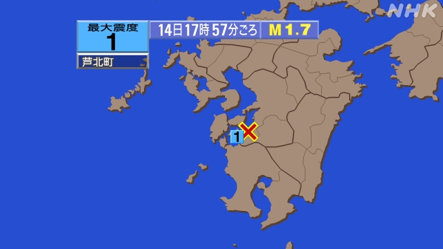 17時57分ごろ、Ｍ１．７　熊本県天草・葦北地方 北緯32.3度