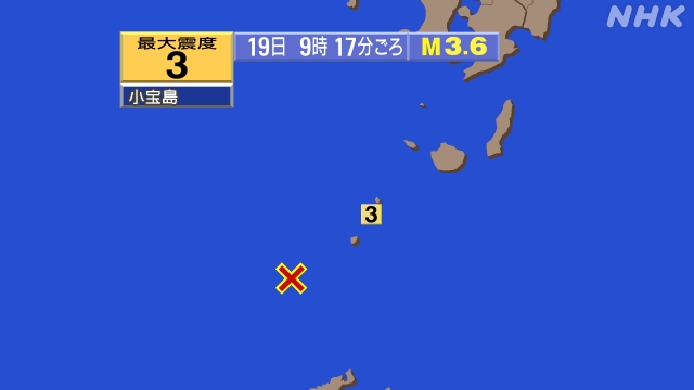 9時6分漢時20分までトカラ列島近海で群発地震、 震度３が１回、