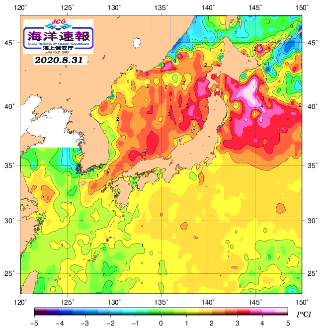 ８月３１日の、海水表面温度（平年比）、 https://www1