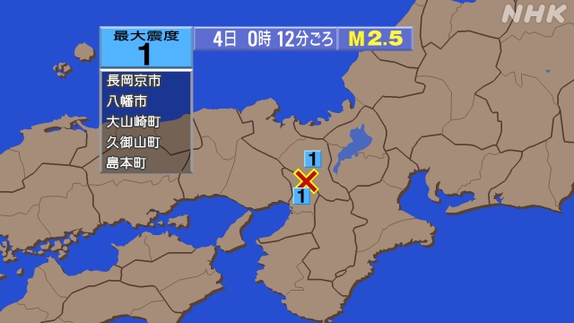 0時12分ごろ、Ｍ２．５　大阪府北部 北緯34.9度　東経135