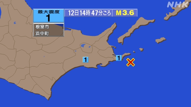 14時47分ごろ、Ｍ３．６　根室半島南東沖 北緯43.1度　東経