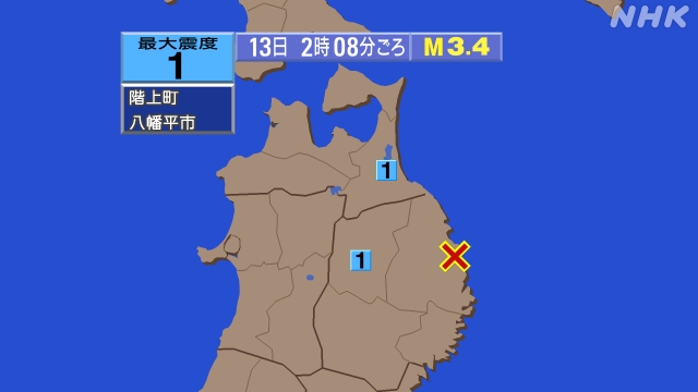 2時8分ごろ、Ｍ３．４　岩手県沿岸北部 北緯39.9度　東経14