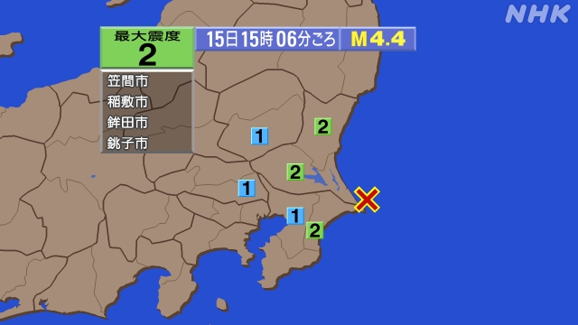 15時6分ごろ、Ｍ４．４　千葉県東方沖 北緯35.8度　東経14