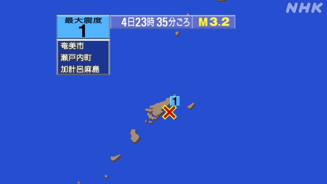 23時35分ごろ、Ｍ３．２　奄美大島近海 北緯28.2度　東経1