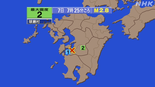 7時25分ごろ、Ｍ２．８　熊本県天草・葦北地方 北緯32.3度　