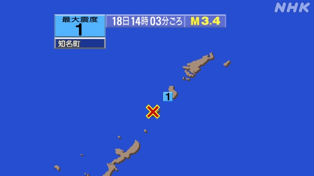 14時3分ごろ、Ｍ３．４　沖縄本島近海 北緯27.4度　東経12