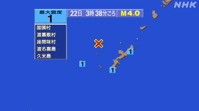 3時38分ごろ、Ｍ．０　沖縄本島近海 北緯26.9度　東経127