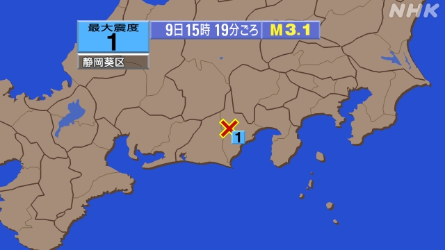 15時18分ごろ、Ｍ２．３　静岡県中部 北緯35.1度　東経13