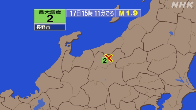 15時11分ごろ、Ｍ１．９　長野県北部 北緯36.7度　東経13