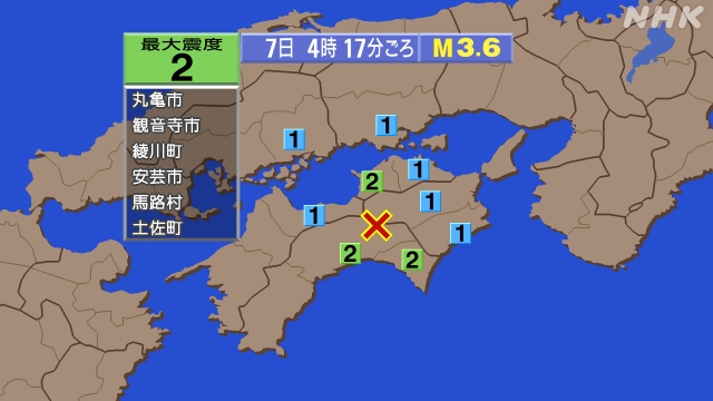 4時17分ごろ、Ｍ３．６　高知県中部 北緯33.8度　東経133