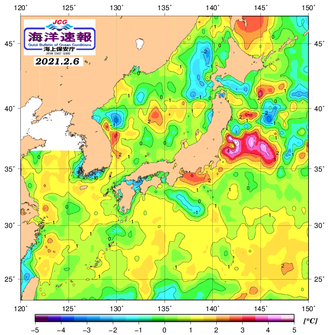 ２月６日の、海水表面温度（平年比）、 https://www1.