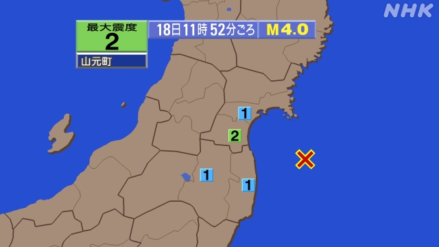 2時29分ごろ、Ｍ３．６　福島県沖 北緯37.6度　東経141.