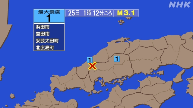 1時12分ごろ、Ｍ３．１　広島県北部 北緯34.7度　東経132