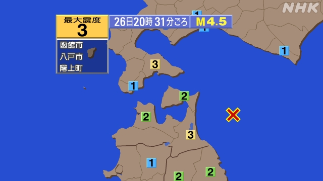 20時31分ごろ、Ｍ４．５　青森県東方沖 北緯41.0度　東経1