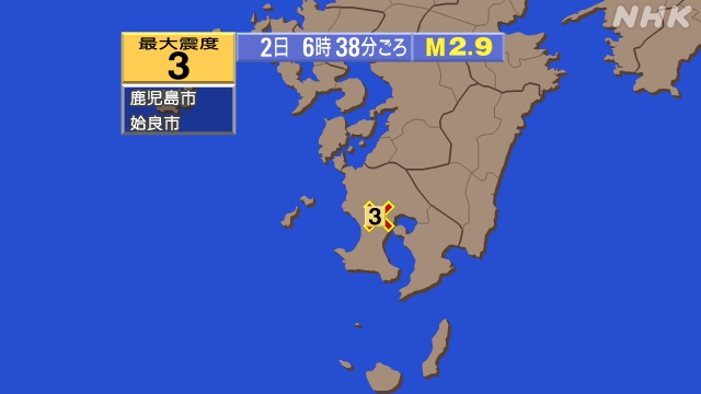 6時38分ごろ、Ｍ２．９　鹿児島県薩摩地方 北緯31.7度　東経