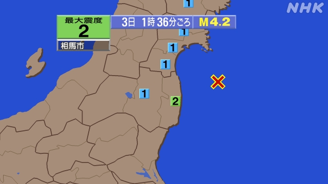 1時36分ごろ、Ｍ４．２　福島県沖 北緯37.7度　東経141.