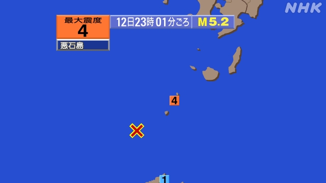 23時12分ごろ、Ｍ５．２　トカラ列島近海 北緯29.3度　東経