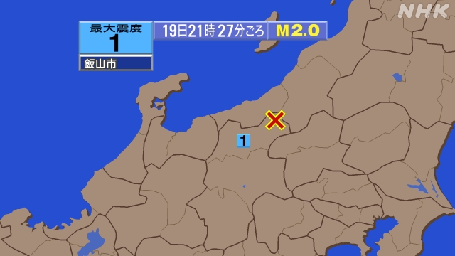 21時27分ごろ、Ｍ２．０　長野県北部 北緯36.9度　東経13