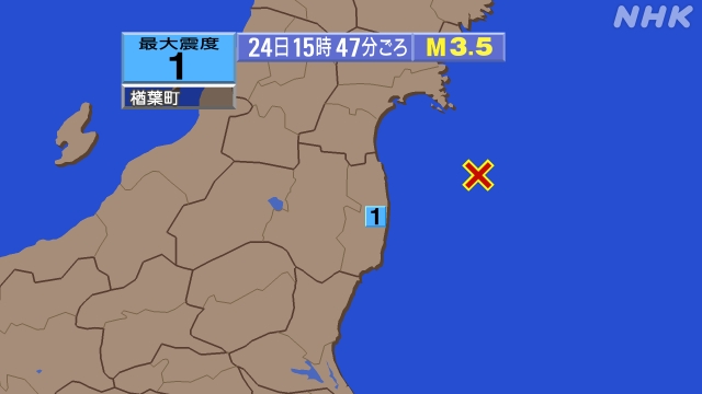 15時47分ごろ、Ｍ３．５　福島県沖 北緯37.7度　東経141