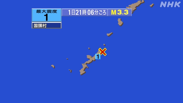 21時6分ごろ、Ｍ３．３　沖縄本島近海 北緯26.8度　東経12