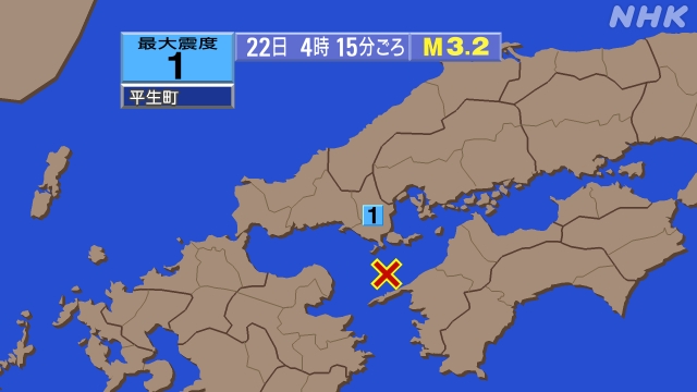 4時15分ごろ、Ｍ３．２　伊予灘 北緯33.6度　東経132.2