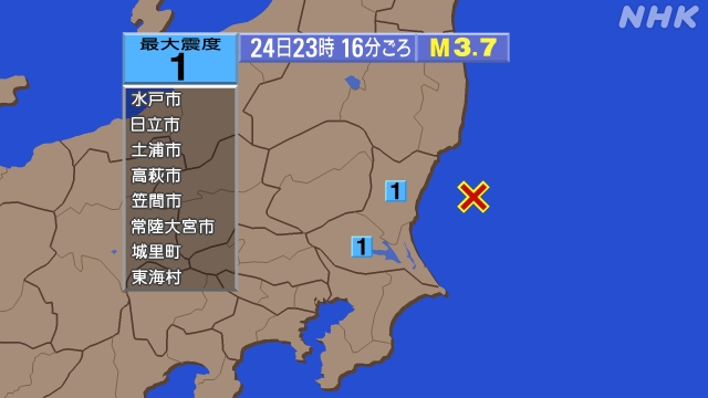 23時16分ごろ、Ｍ３．７　茨城県沖 北緯36.5度　東経141