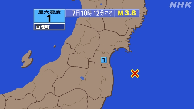 10時12分ごろ、Ｍ３．８　福島県沖 北緯337.6度　東経14