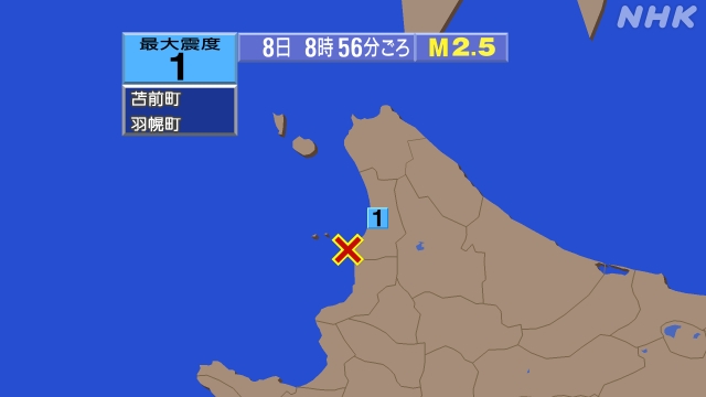 8時56分ごろ、Ｍ２．５　北海道西方沖 北緯44.3度　東経14