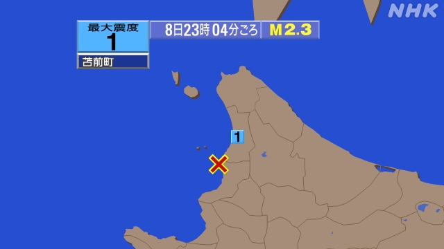 23時4分ごろ、Ｍ２．３　北海道西方沖 北緯44.2度　東経14