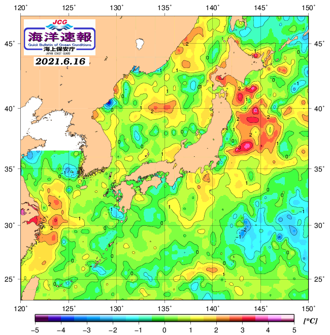 ６月１６日の、海水表面温度（平年比）、 https://www1