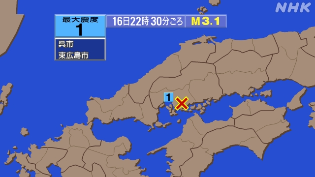 22時30分ごろ、Ｍ３．１　広島県南西部 北緯34.3度　東経1