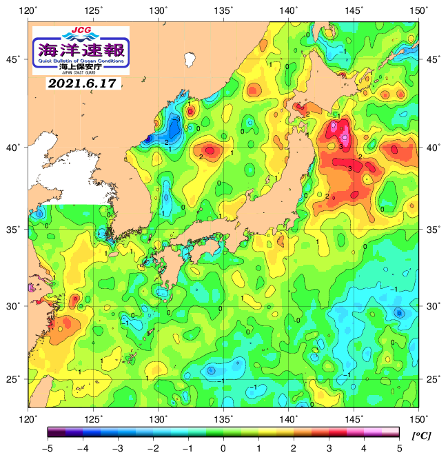 ６月１７日の、海水表面温度（平年比）、 https://www1