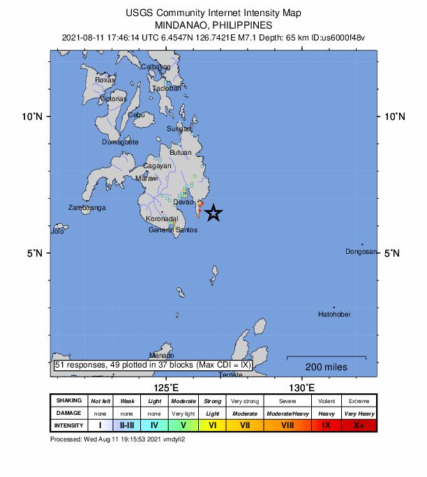 ＵＳＧＳ、2時46分14秒　Ｍ７．２→Ｍ７．１　フィリピンミンダ