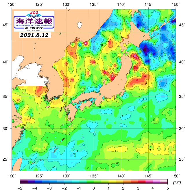 ８月１２日の、海水表面温度（平年比）、 https://www1