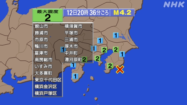 20時36分ごろ、Ｍ４．２　千葉県南東沖 北緯35.0度　東経1