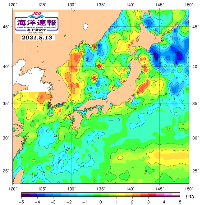8月13日の、海水表面温度（平年比）、 https://www1