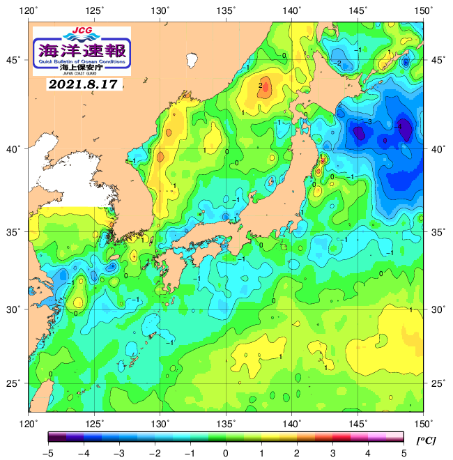 ８月１７日の、海水表面温度（平年比）、 https://www1