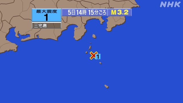 14時15分ごろ、Ｍ３．２　三宅島近海 北緯34.1度　東経13